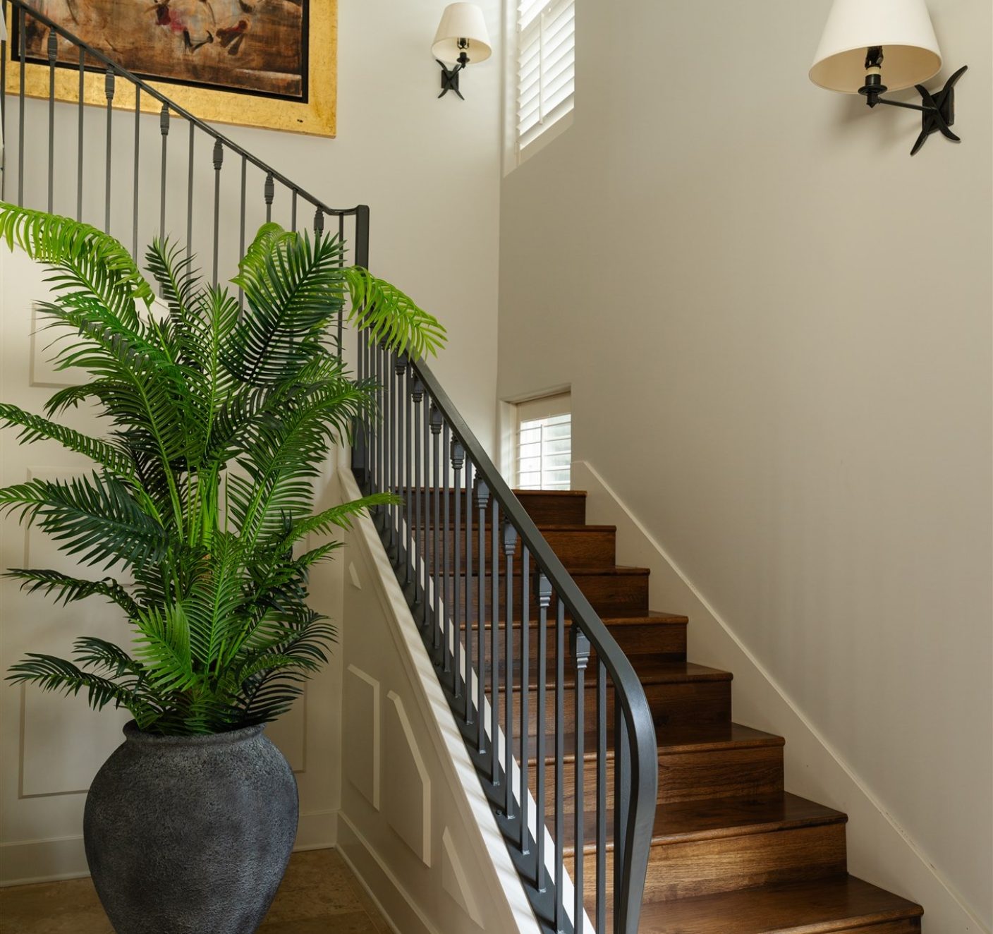 Entry styled by Rachel Jackson Design with statement planter and heirloom artwork